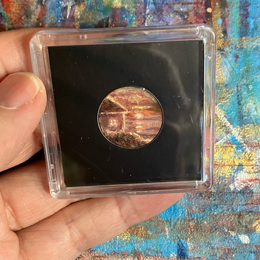 Original Ocean cottage painting sunset oil‎ penny art miniature coin artwork